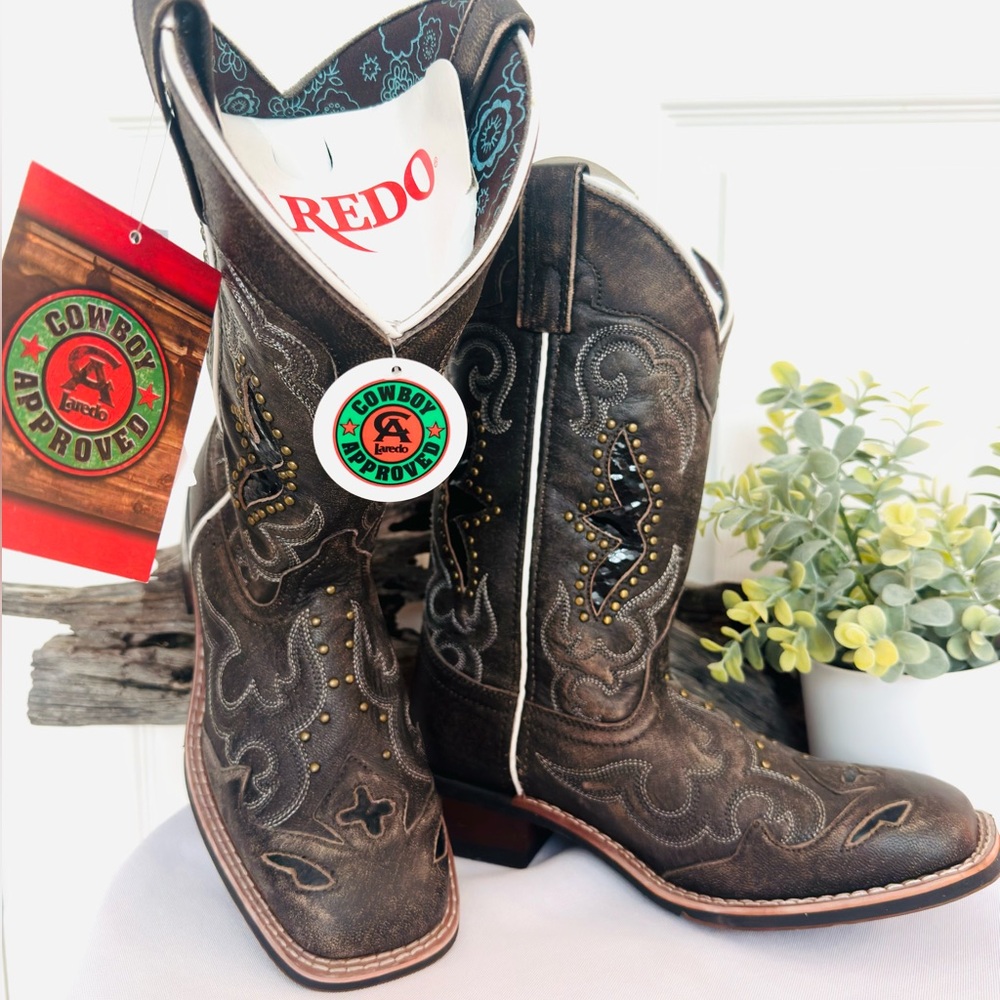 LAREDO ~ Brown Leather Cowgirl Boots with Brass Studs & Turquoise Floral Lining